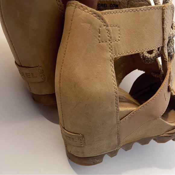 Sorel Joanie Camel Tan Leather Wedge Heel Sandals Casual Outdoor - Picture 13 of 15